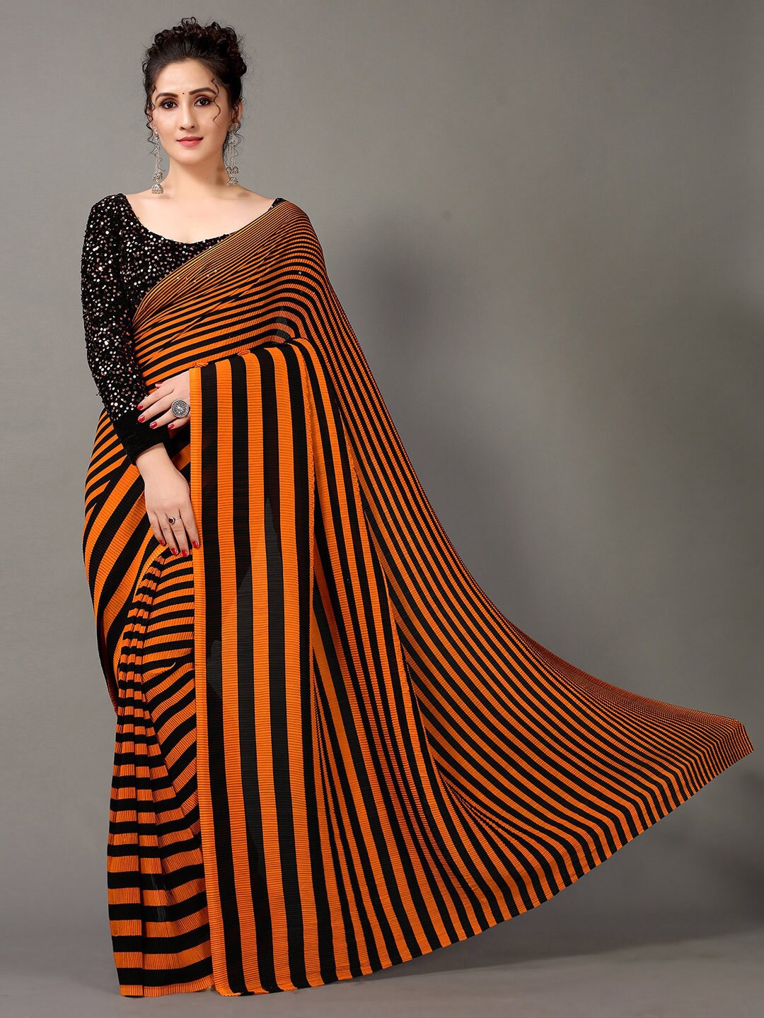 

HRITIKA Orange & Black Striped Saree