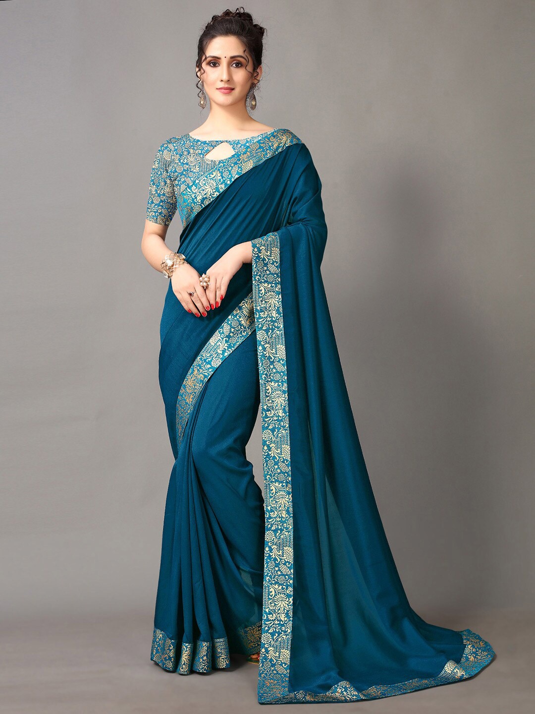 

HRITIKA Teal Green & Gold-Toned Silk Blend Saree