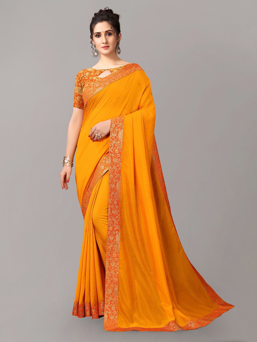 

HRITIKA Yellow & Gold-Toned Silk Blend Brocade Lace Solid Saree