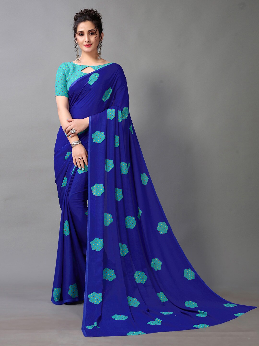 

HRITIKA Navy Blue Georgette Geometric Printed Saree
