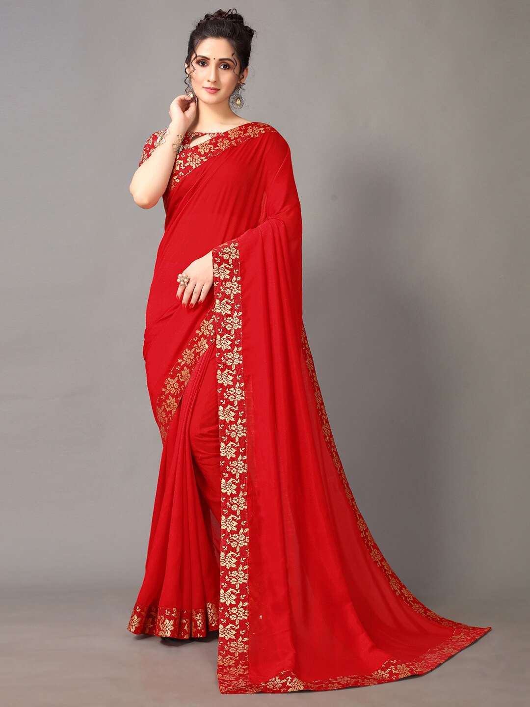 

HRITIKA Red & Gold-Toned Silk Blend Saree