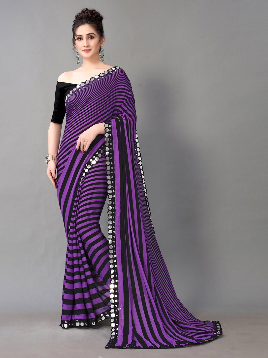 

HRITIKA Purple & Black Leheriya Mirror Work Saree