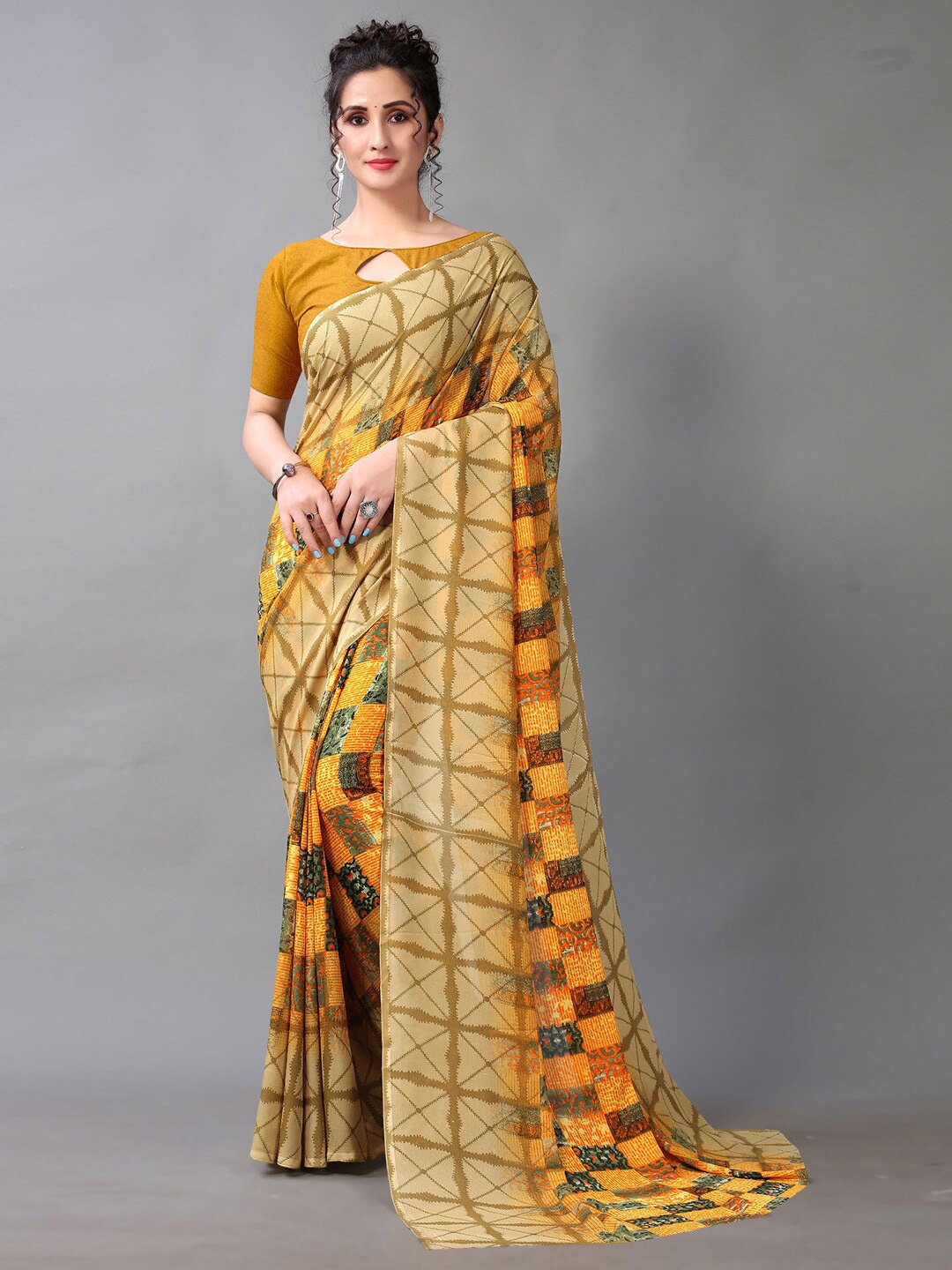 

HRITIKA Yellow & Brown Checked Printed Saree