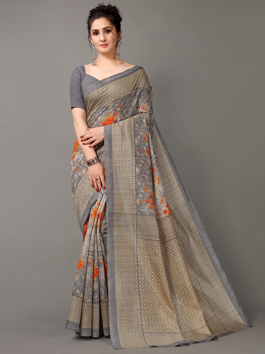 

HRITIKA Grey & Orange Floral Art Silk Saree