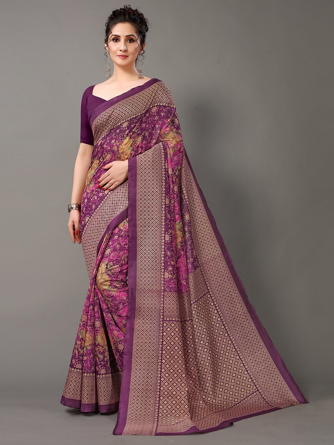 

Hritika Wine Art Silk Floral Printed Saree, Purple
