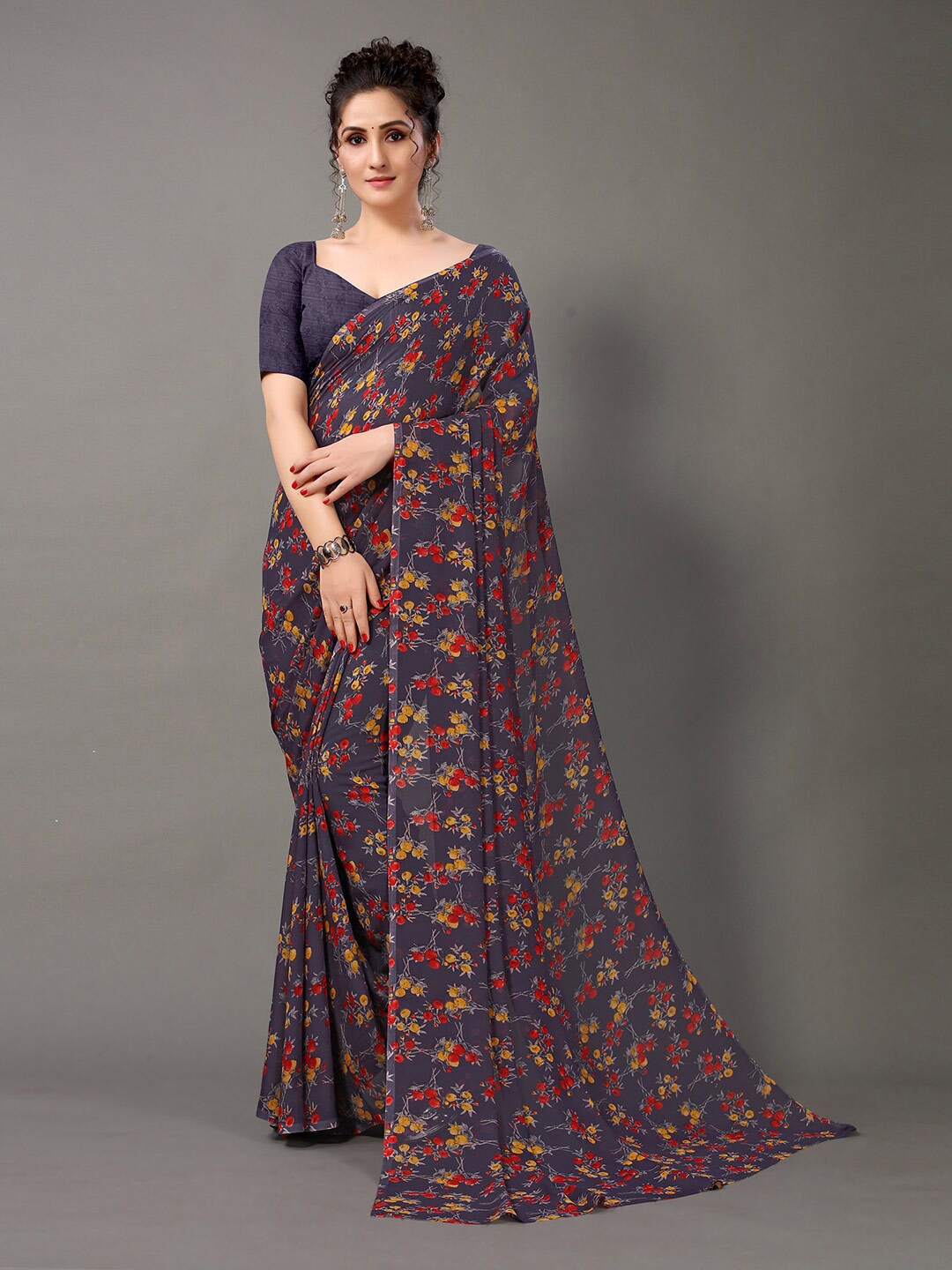 

HRITIKA Grey & Pink Floral Saree