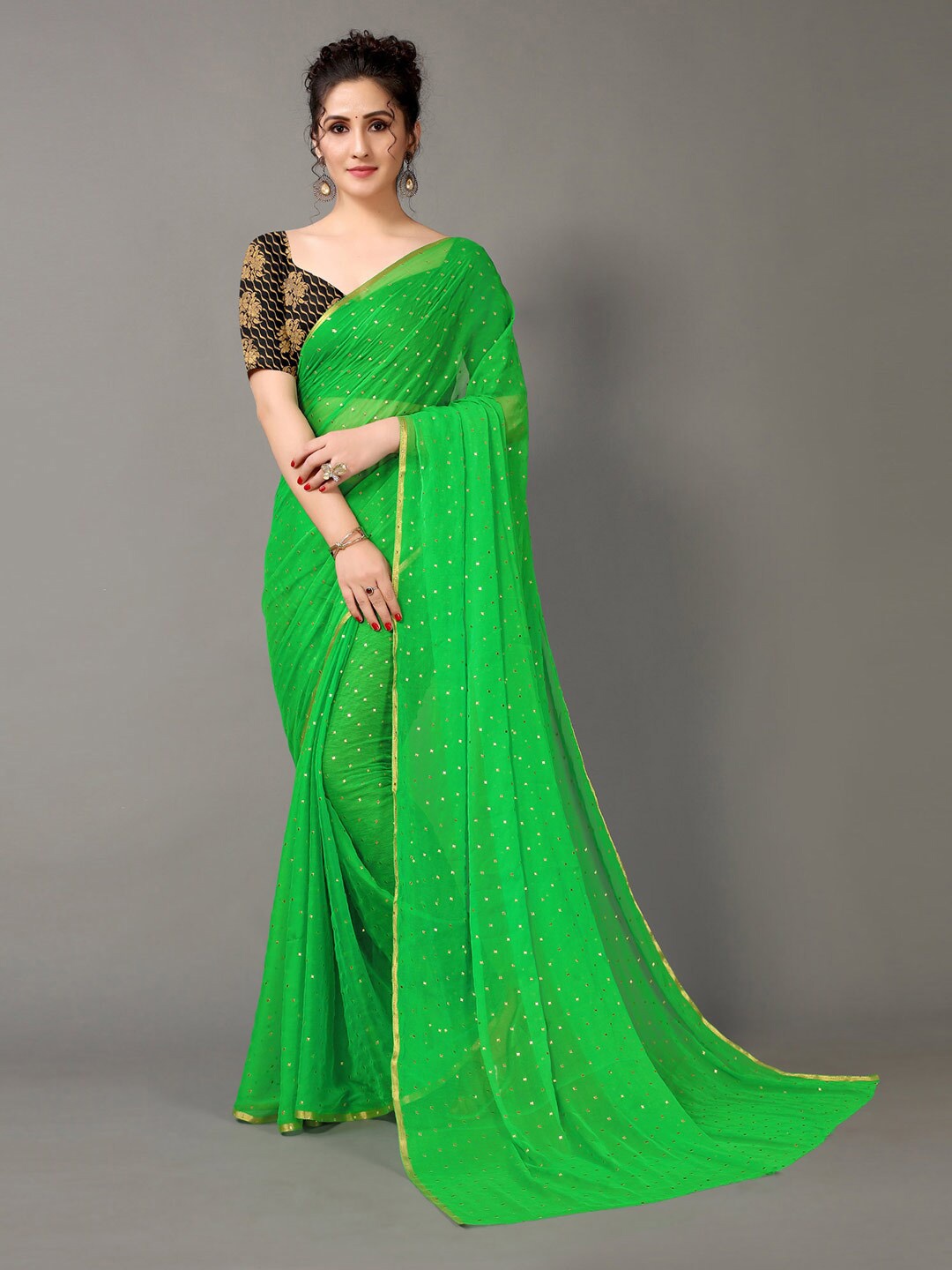 

HRITIKA Fluorescent Green & Gold-Toned Embellished Foil Print Saree