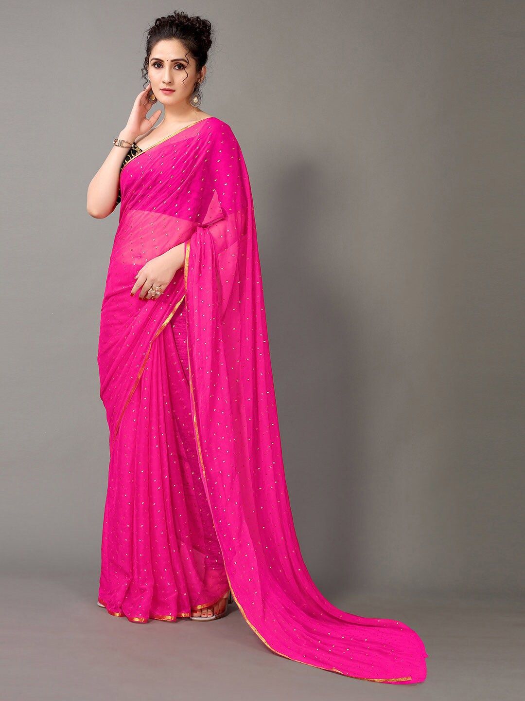 

HRITIKA Pink & Gold-Toned Ethnic Motifs Saree