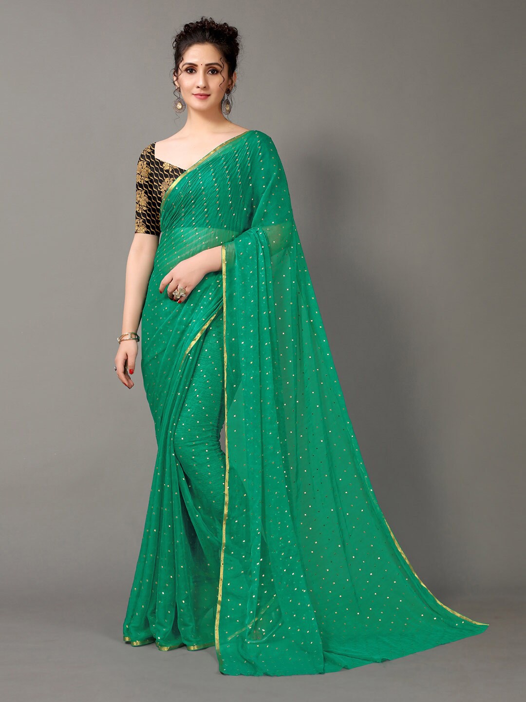 

HRITIKA Green & Gold-Toned Nylon Chiffon Foil Print Printed Saree