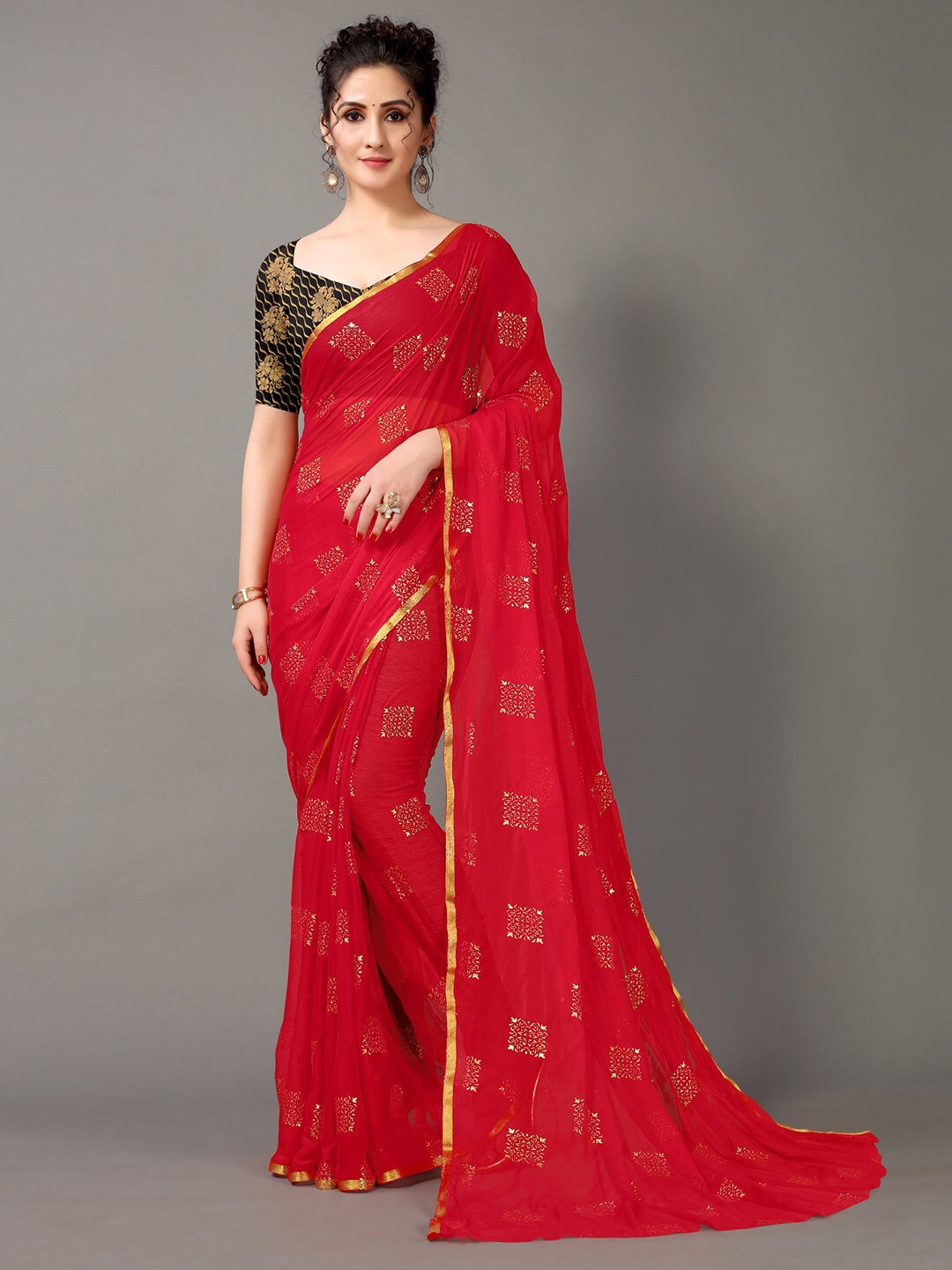 

HRITIKA Red & Gold-Toned Ethnic Motifs Saree