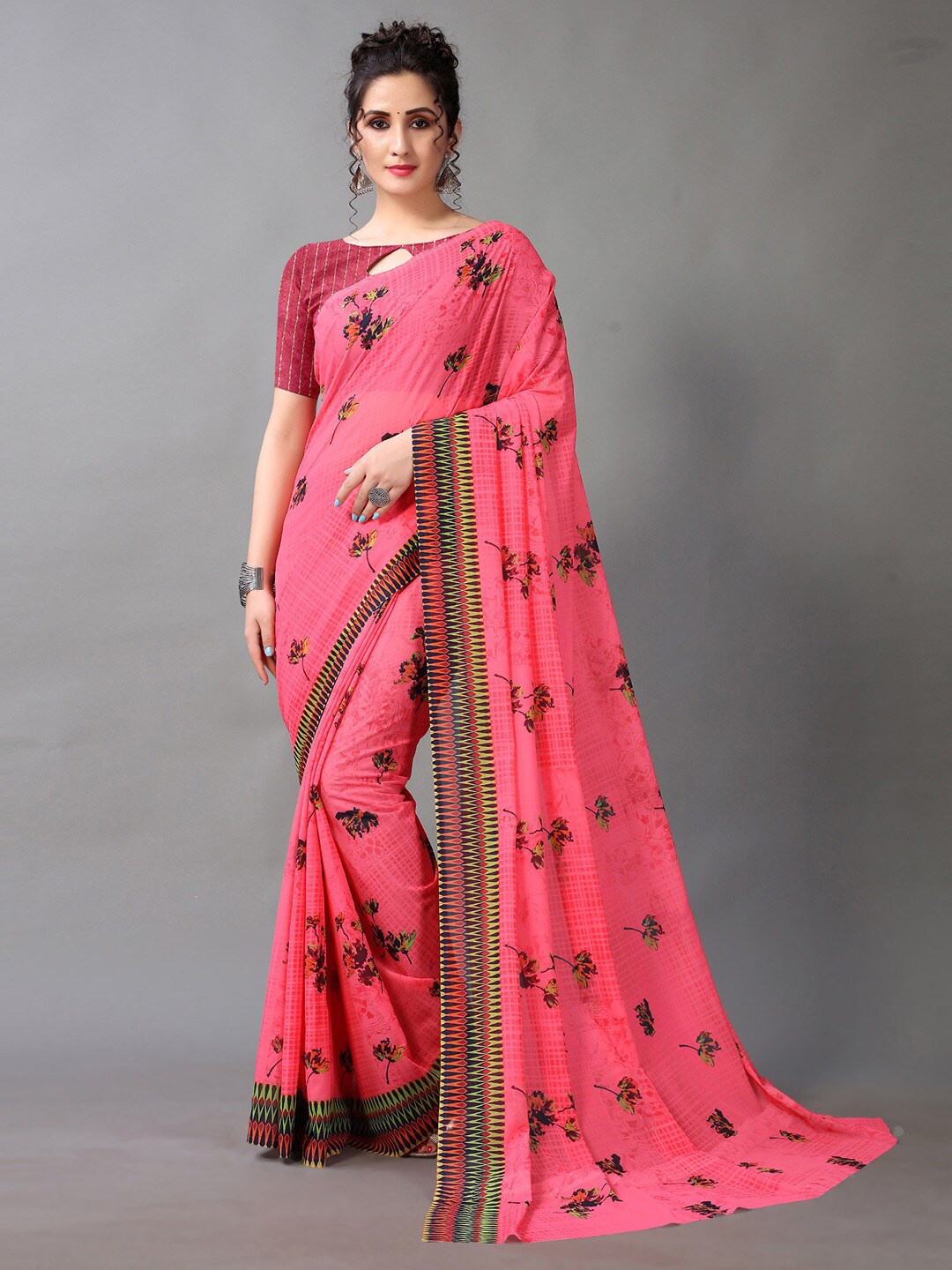 

HRITIKA Pink Poly Georgette Floral Printed Saree