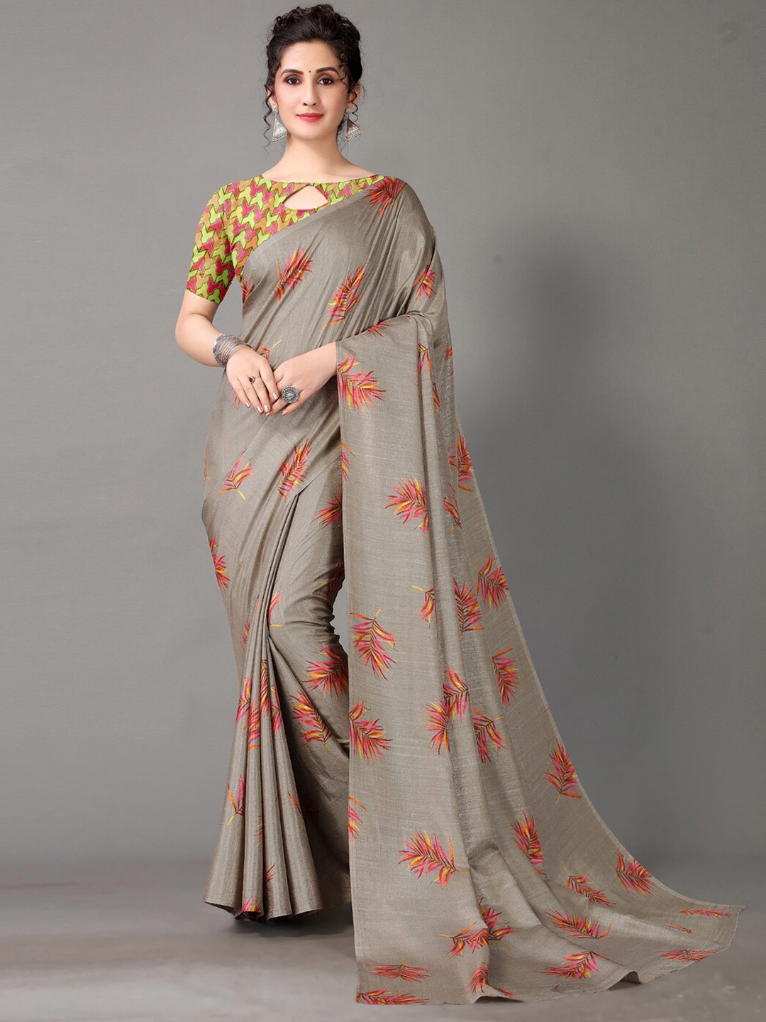 

HRITIKA Grey & Pink Ethnic Motifs Printed Silk Blend Mysore Silk Saree