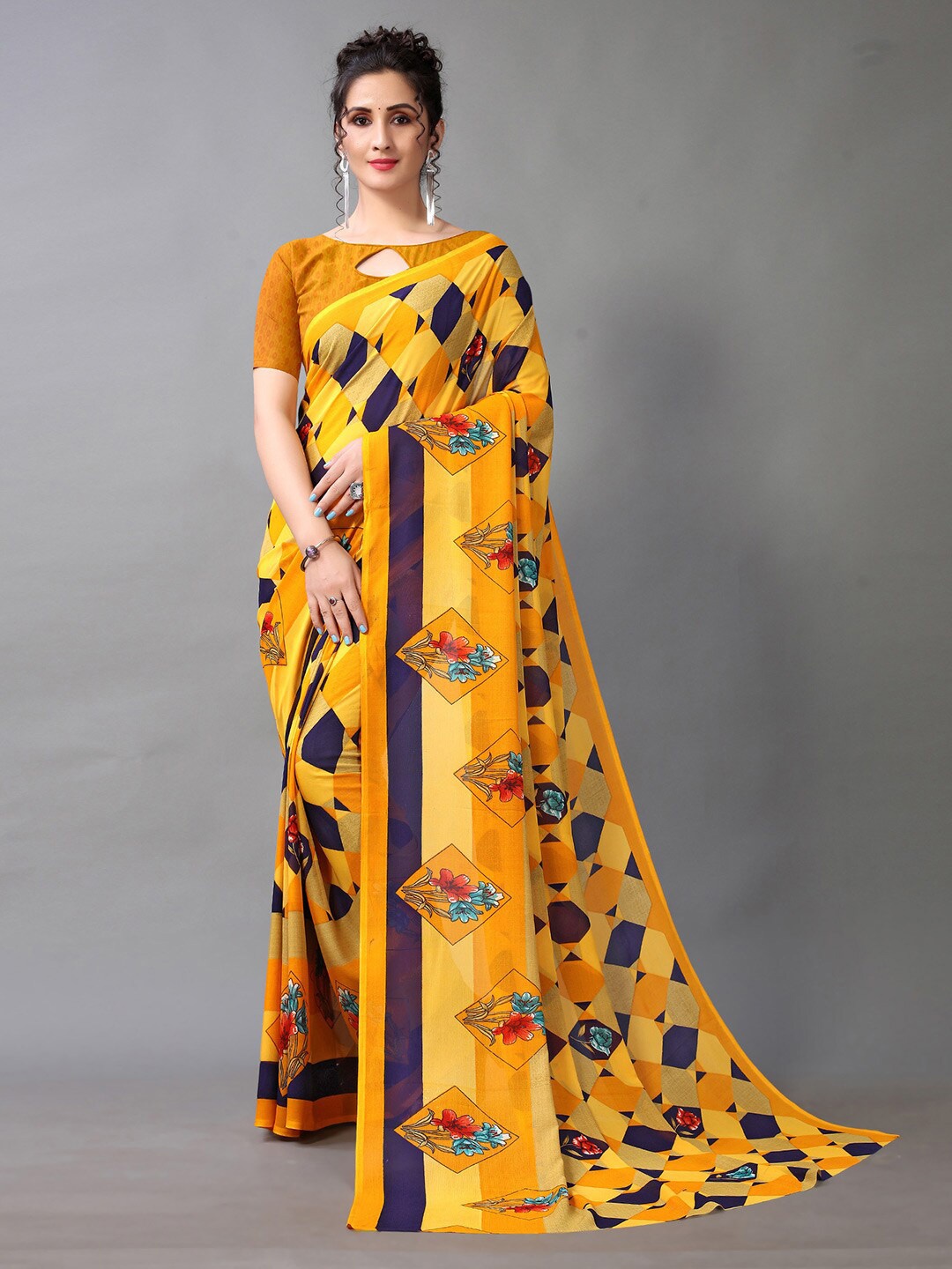 

HRITIKA Mustard & Navy Blue Georgette Checks Printed Saree