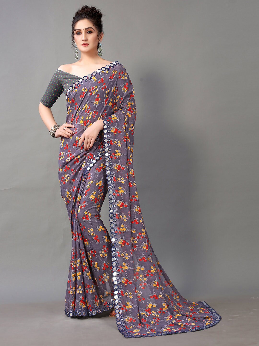 

HRITIKA Grey & Red Floral Saree