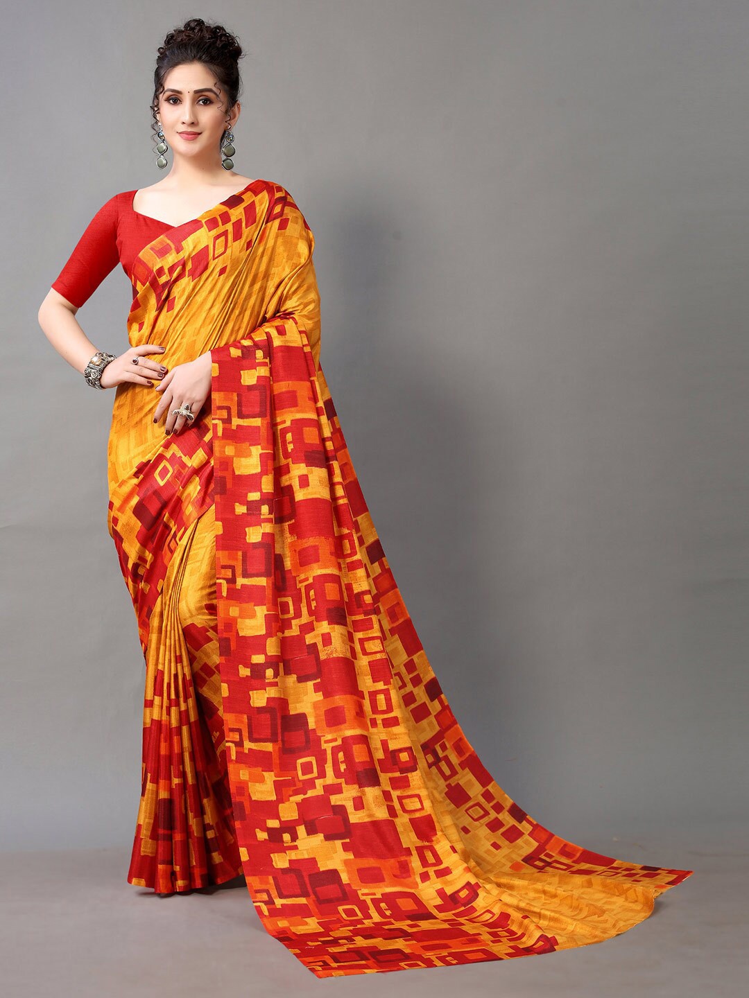 

HRITIKA Mustard & Red Silk Blend Mysore Silk Saree