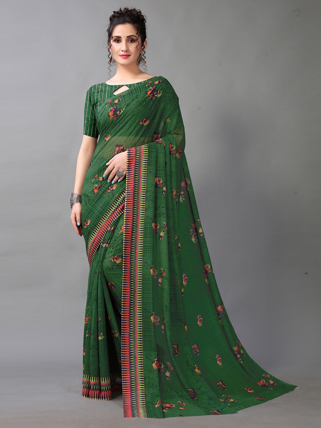 

Hritika Dark Green Poly Georgette Floral Printed Saree