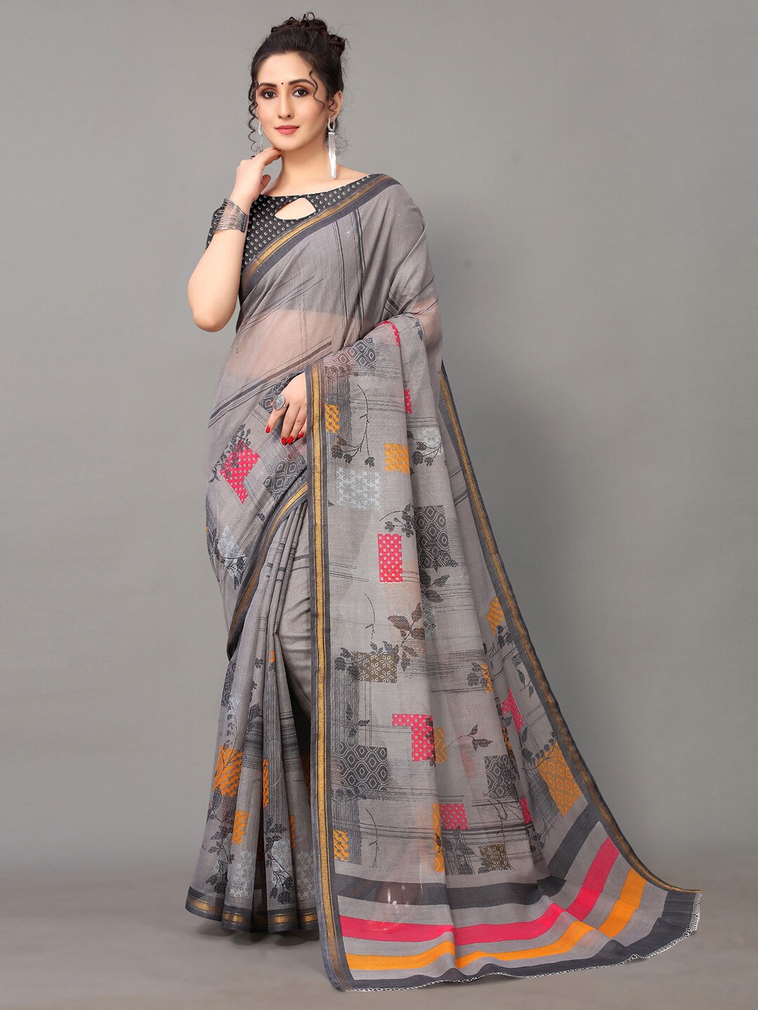 

HRITIKA Women Grey & Red Zari Saree