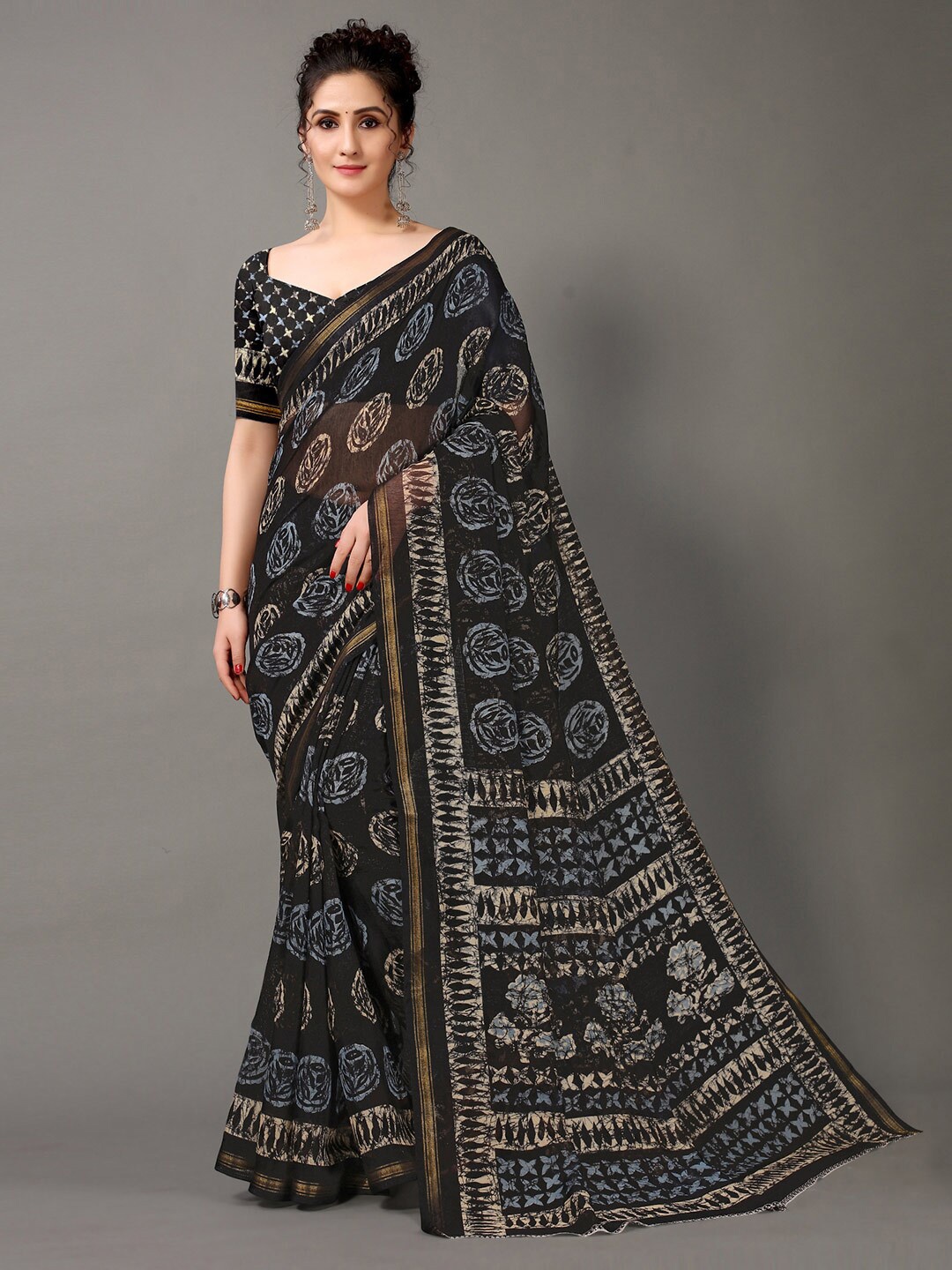 

HRITIKA Black & Gold-Toned Batik Printed Zari Saree
