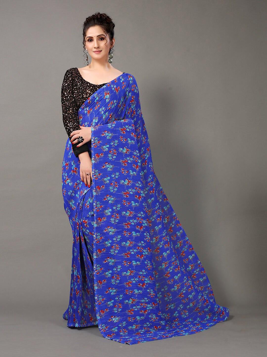 

HRITIKA Blue & Red Floral Saree