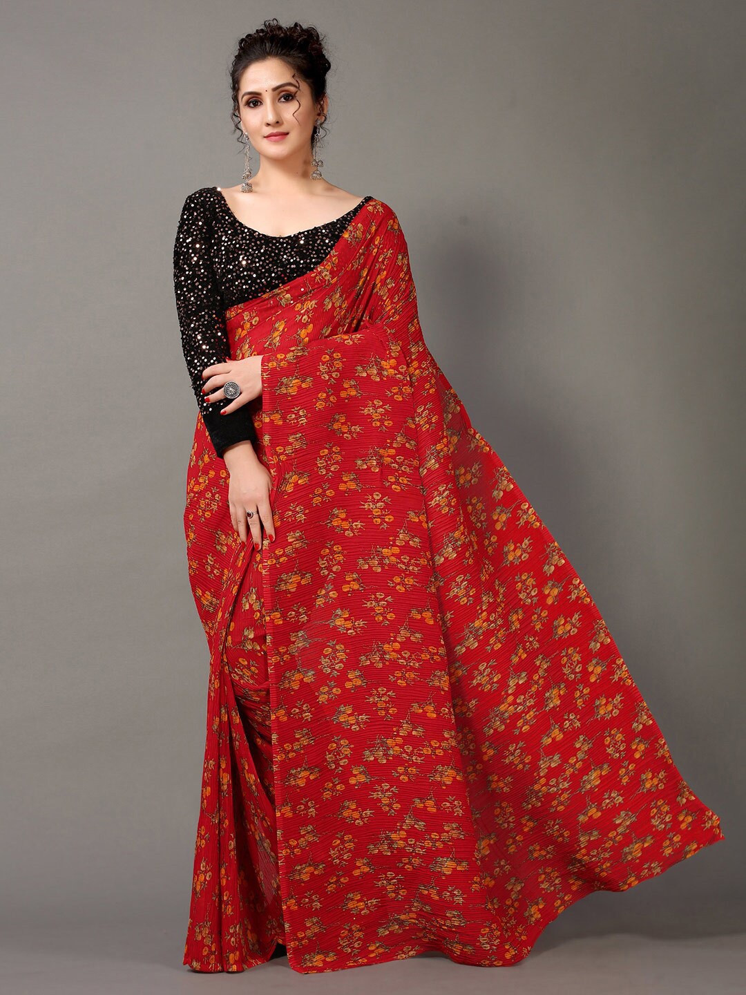 

HRITIKA Red & Yellow Floral Saree