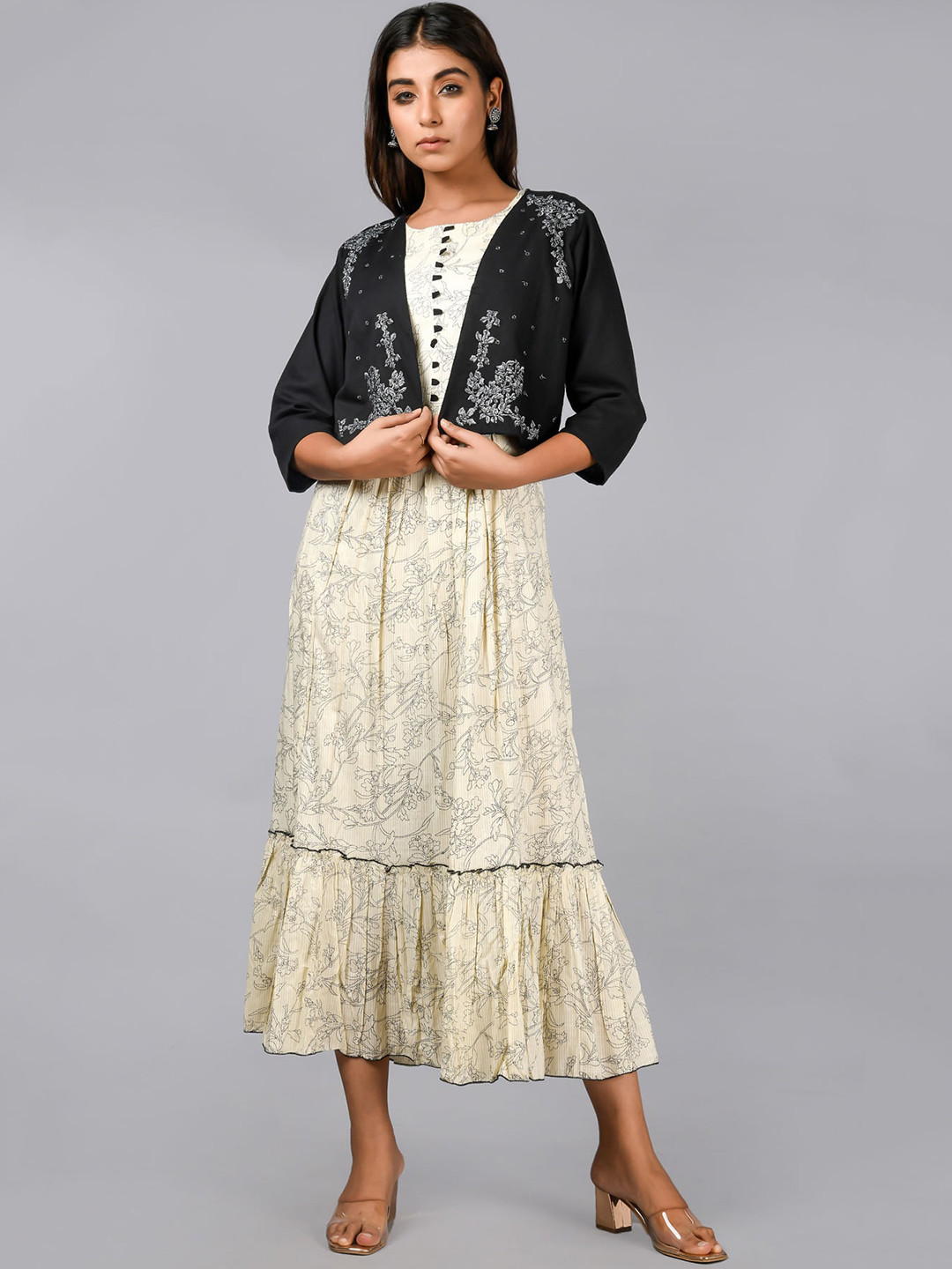 

FASHION DWAR Floral Printed Maxi Cotton Dress, Cream