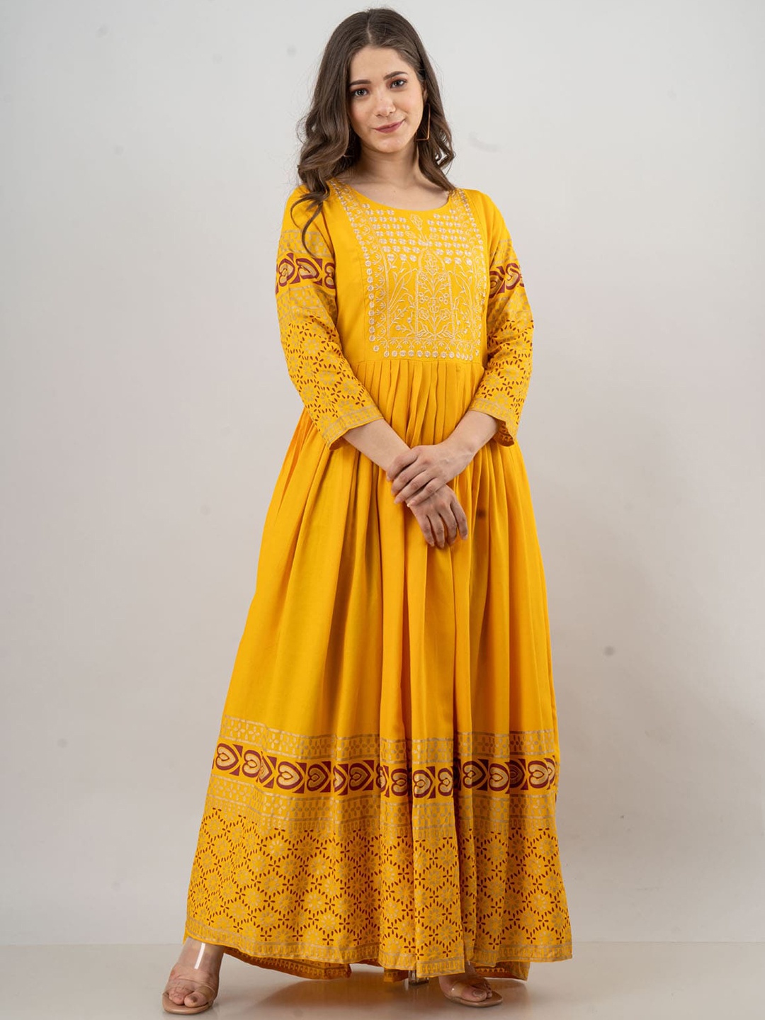 

FASHION DWAR Women Yellow Self Design Long Ethnic Dress