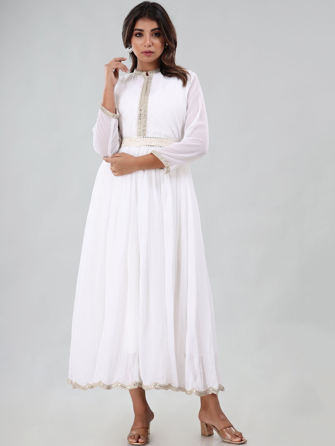 

FASHION DWAR Women White Embroidered Maxi Long Ethnic Dresses