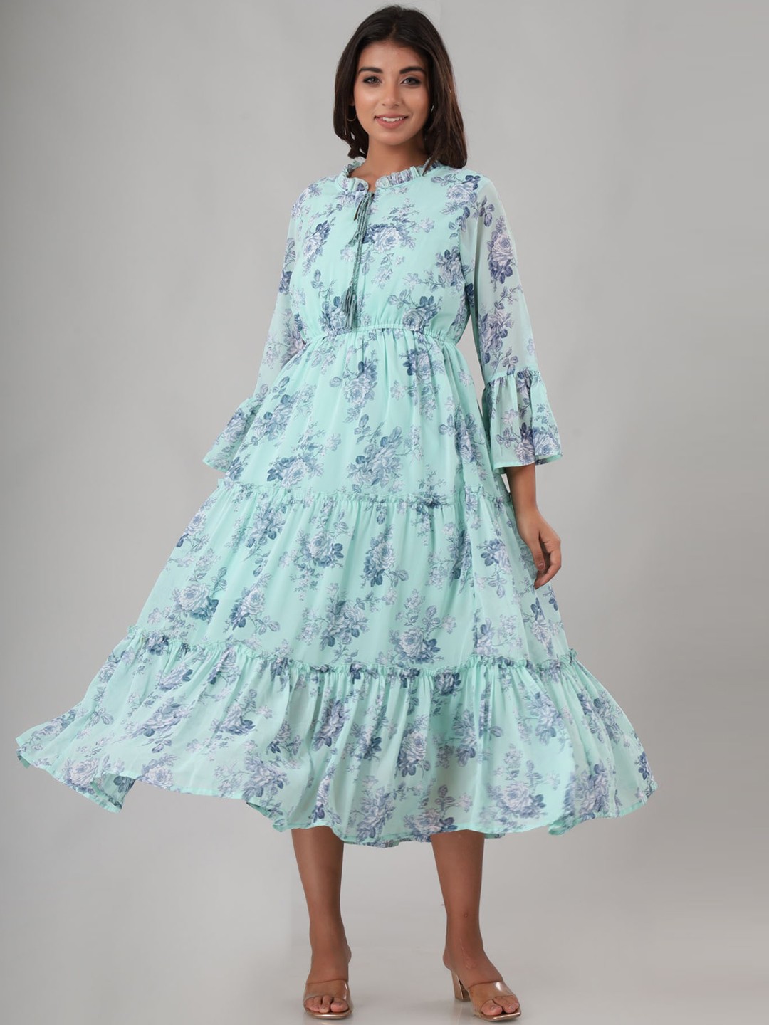 

FASHION DWAR Blue Floral Tie-Up Neck Ethnic Midi Dress