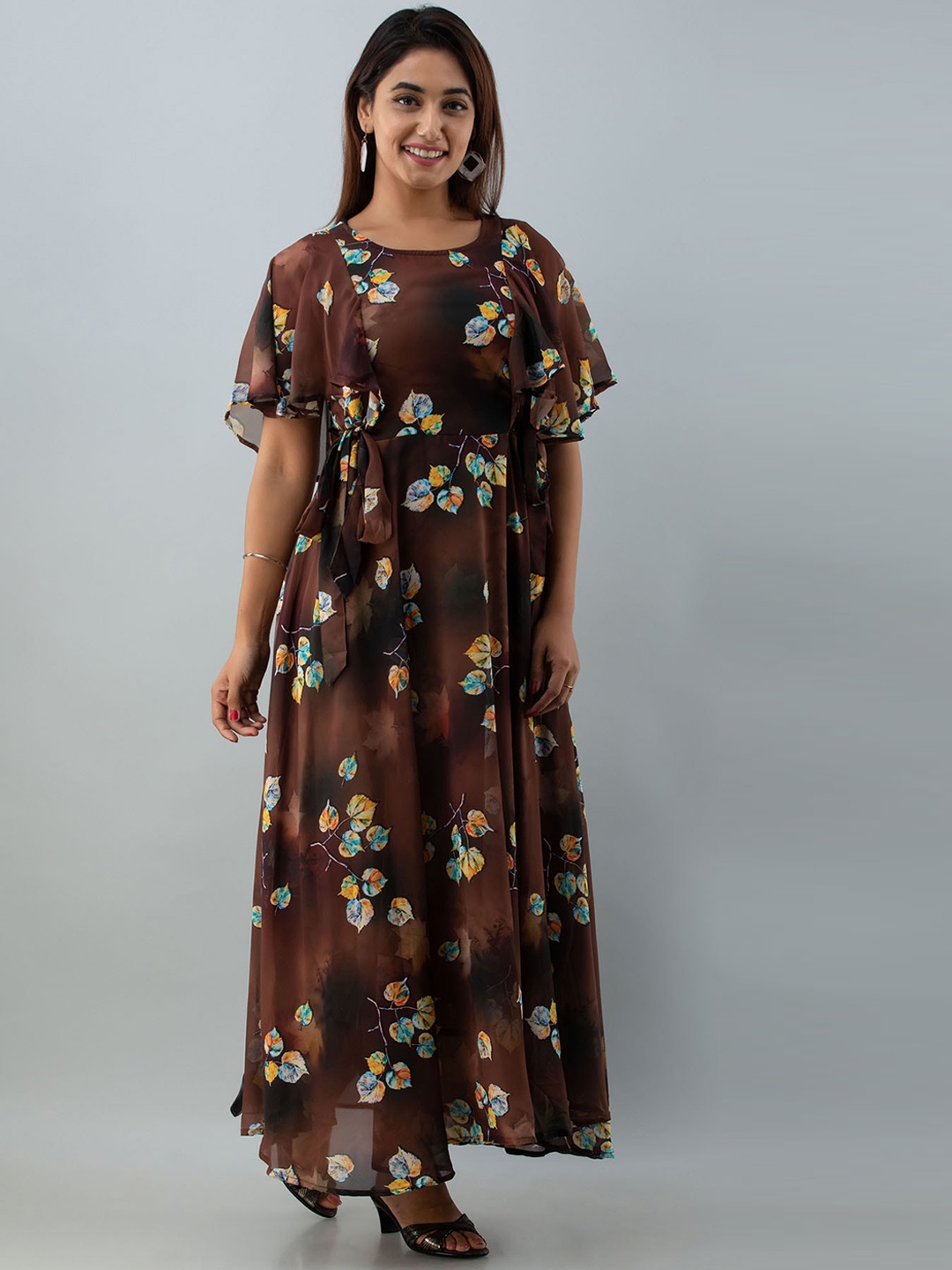 

FASHION DWAR Floral Printed Georgette Maxi Dress, Brown