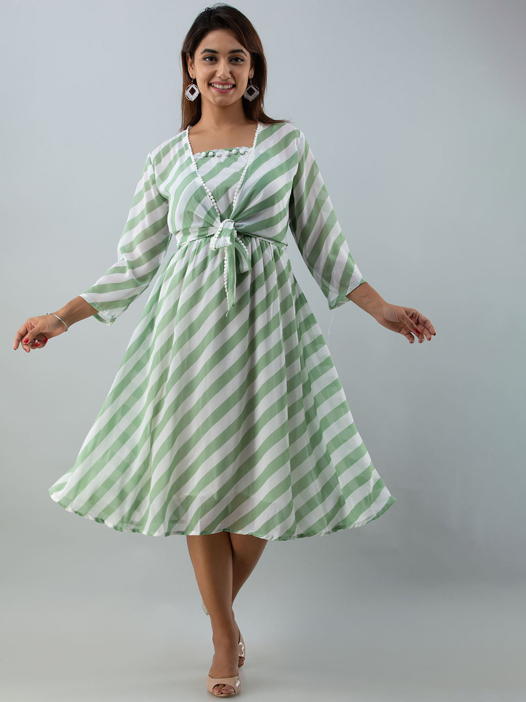

FASHION DWAR Striped Midi Cotton Dress, Green