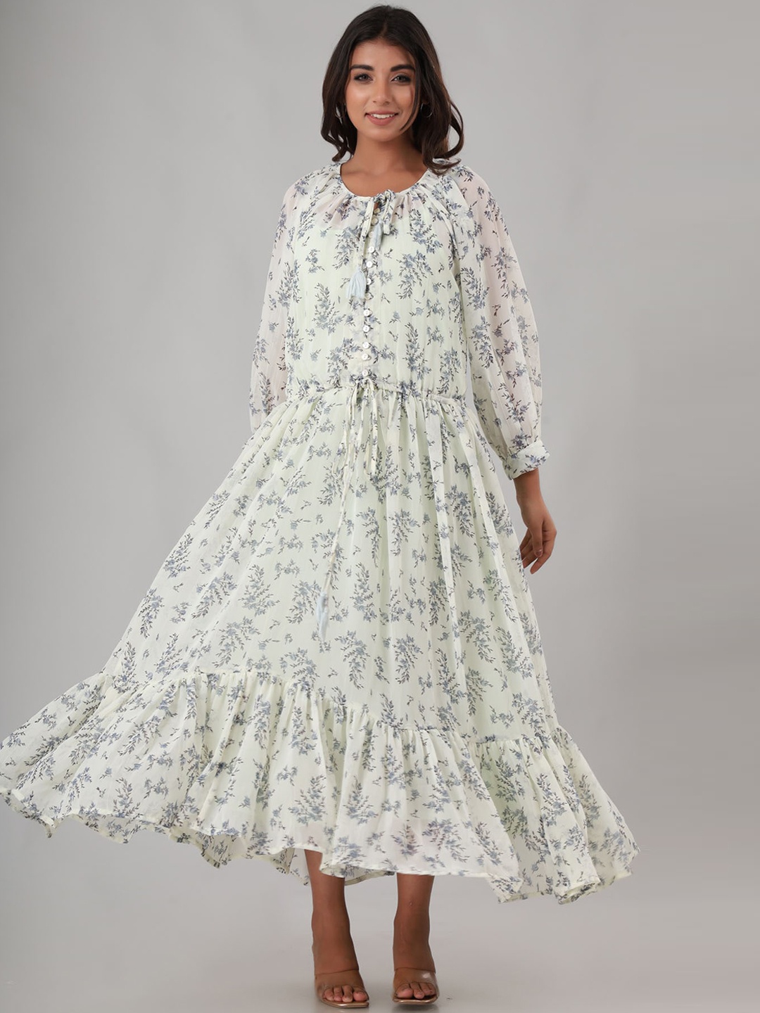 

FASHION DWAR White & Green Floral Tie-Up Neck Ethnic A-Line Midi Dress