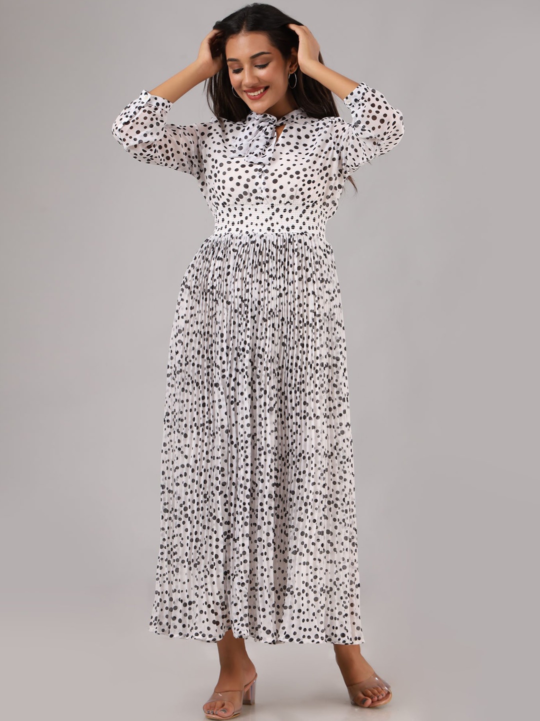 

FASHION DWAR White & Black Tie-Up Neck Georgette Maxi Dress