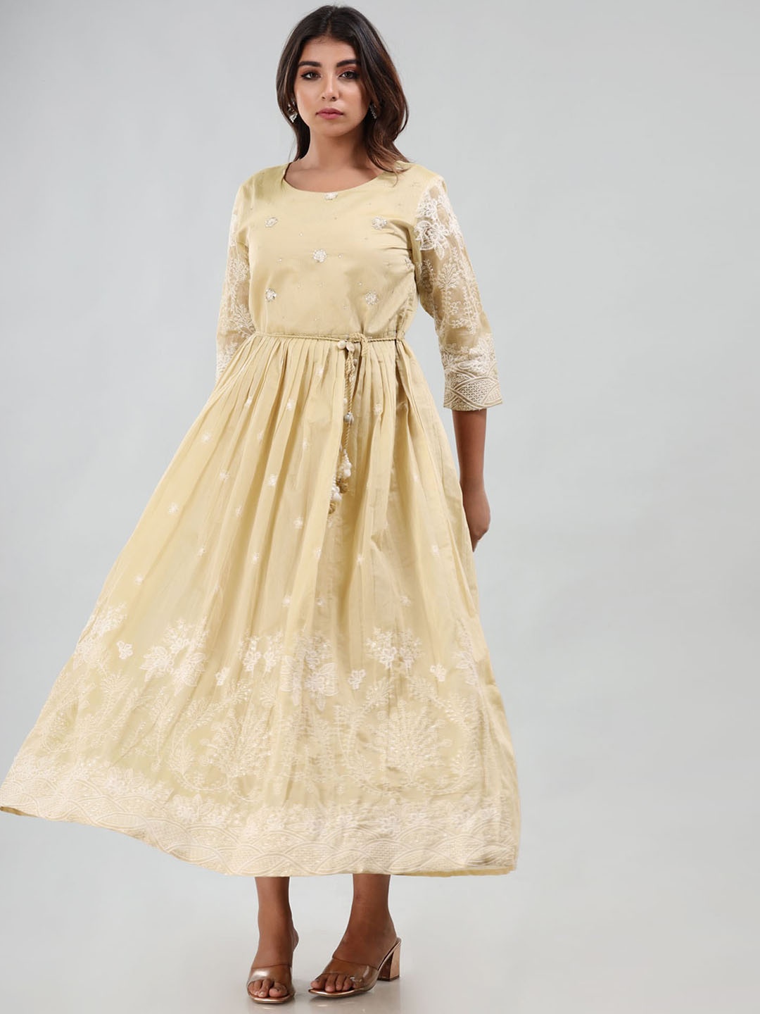 

FASHION DWAR Women Beige Chanderi Embroidered Organic Cotton Ethnic Dresses