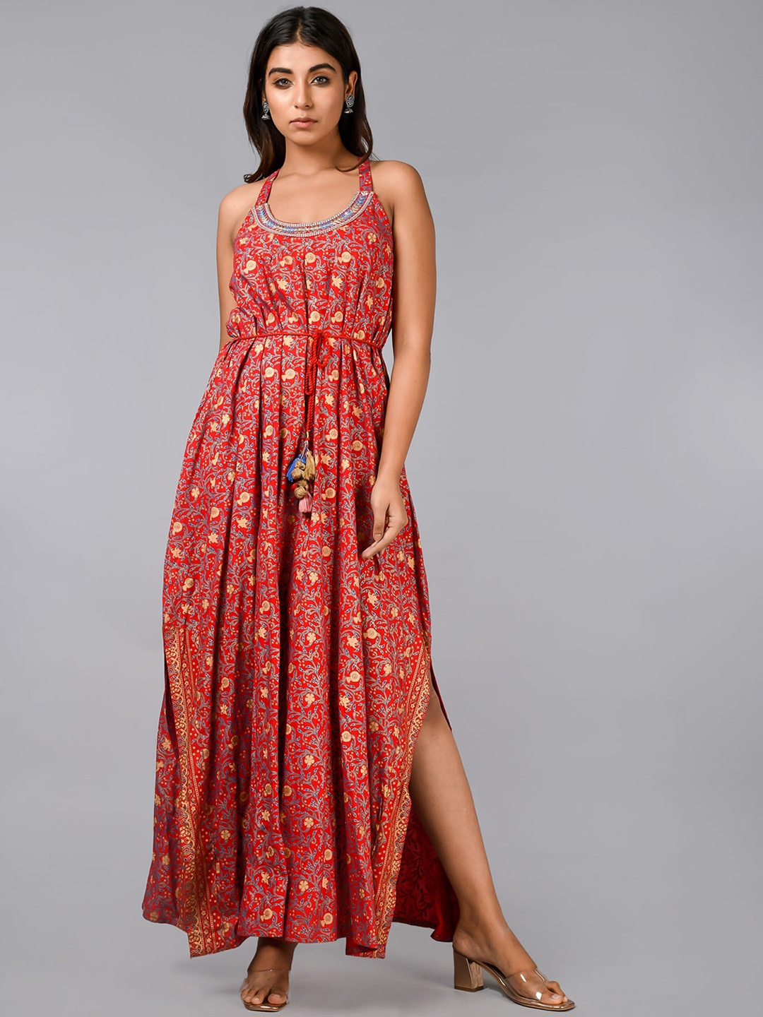 

FASHION DWAR Women Maroon Printed Ethnic Dress With Jacket