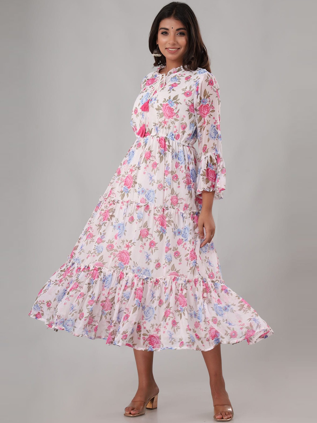 

FASHION DWAR White & Pink Floral Tie-Up Neck Georgette Midi Dress