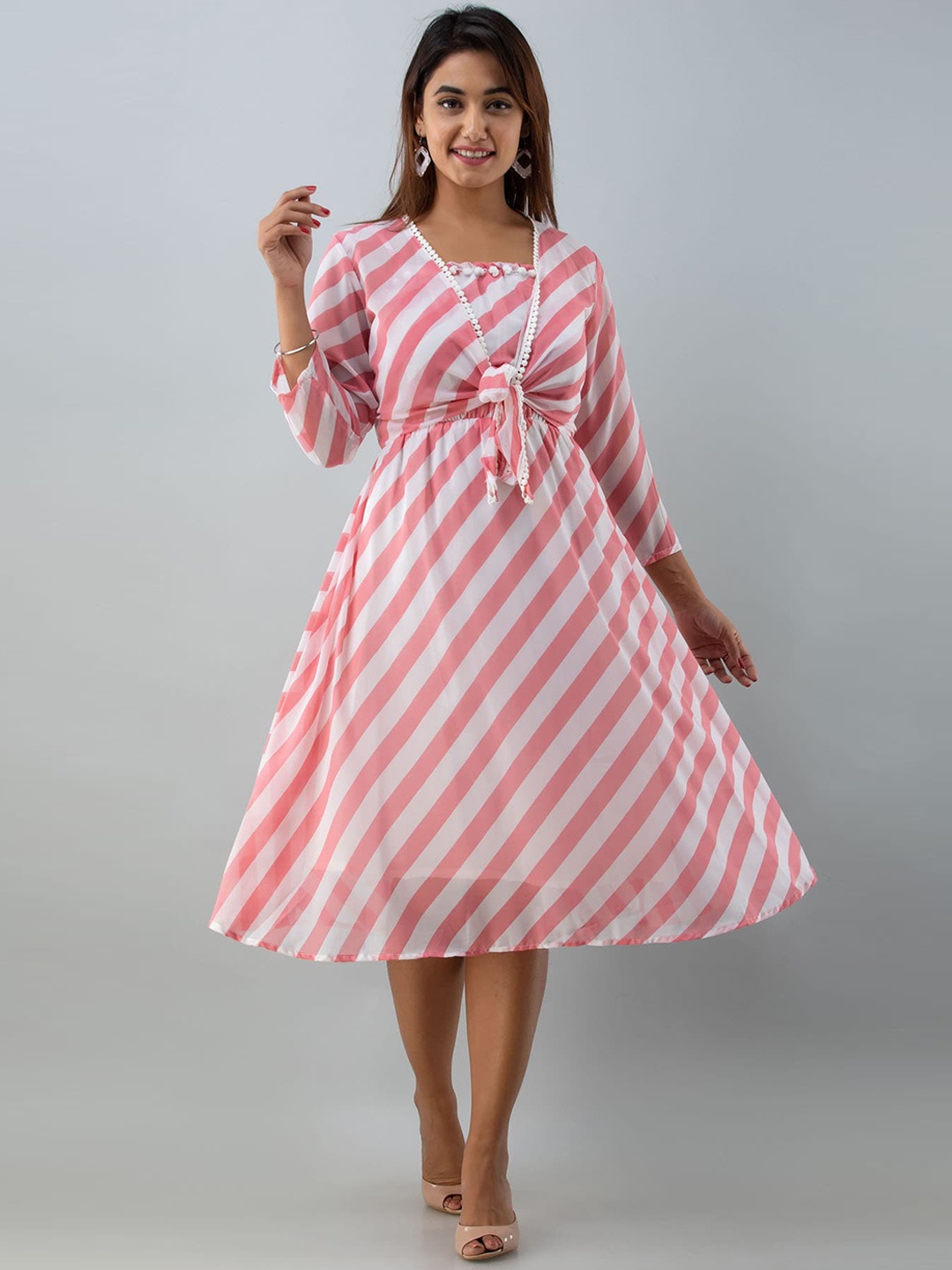 

FASHION DWAR Pink & White Striped Midi Dress with Shrug