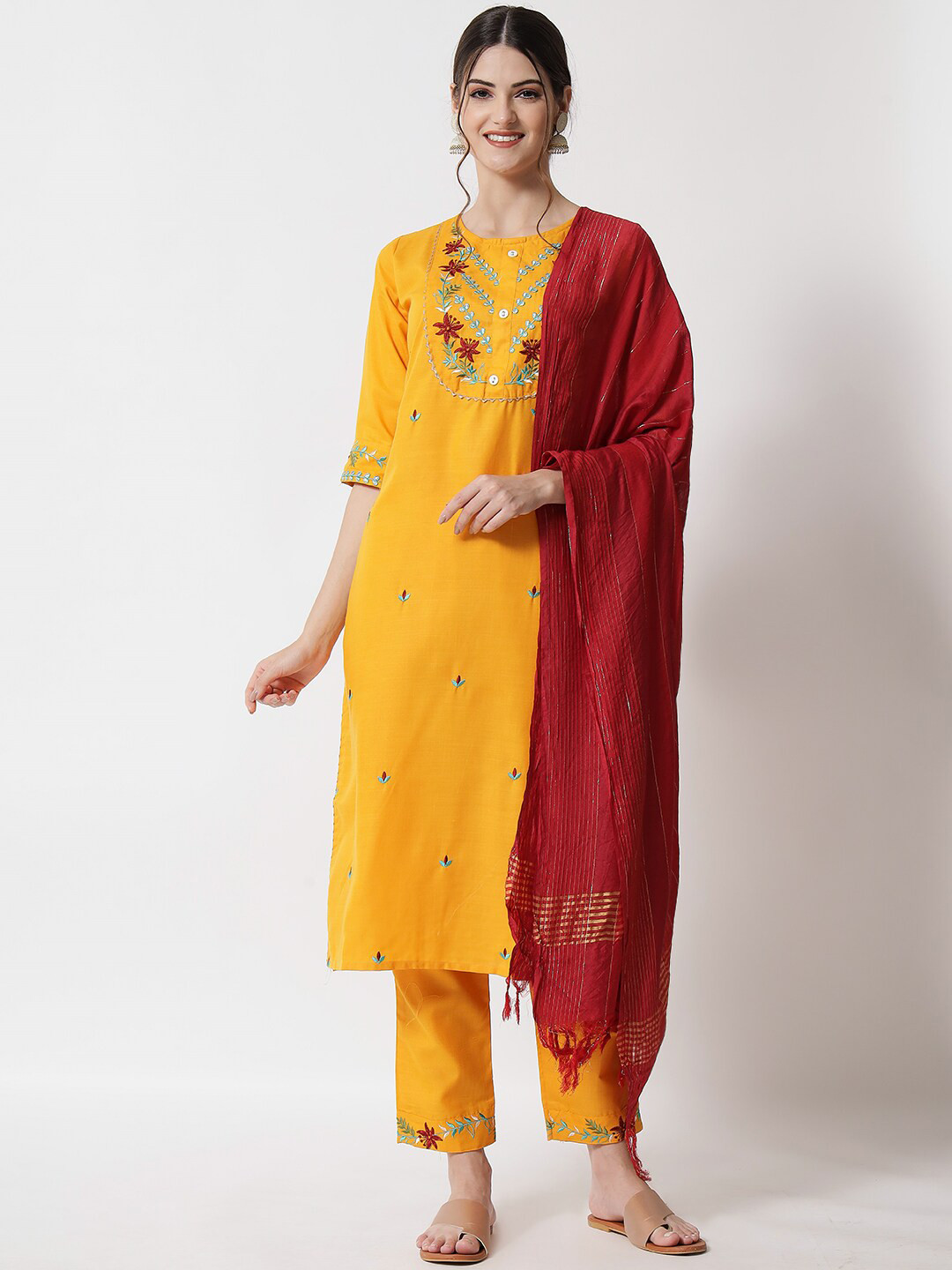 

VredeVogel Women Yellow Embroidered Kurta with Trousers & With Dupatta