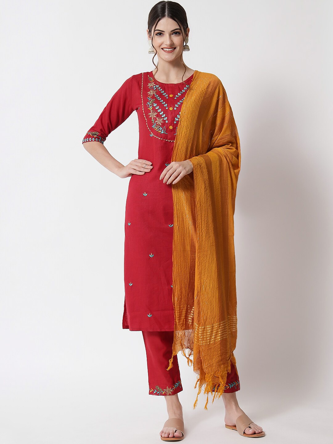 

VredeVogel Women Maroon Embroidered Kurta with Trousers & With Dupatta