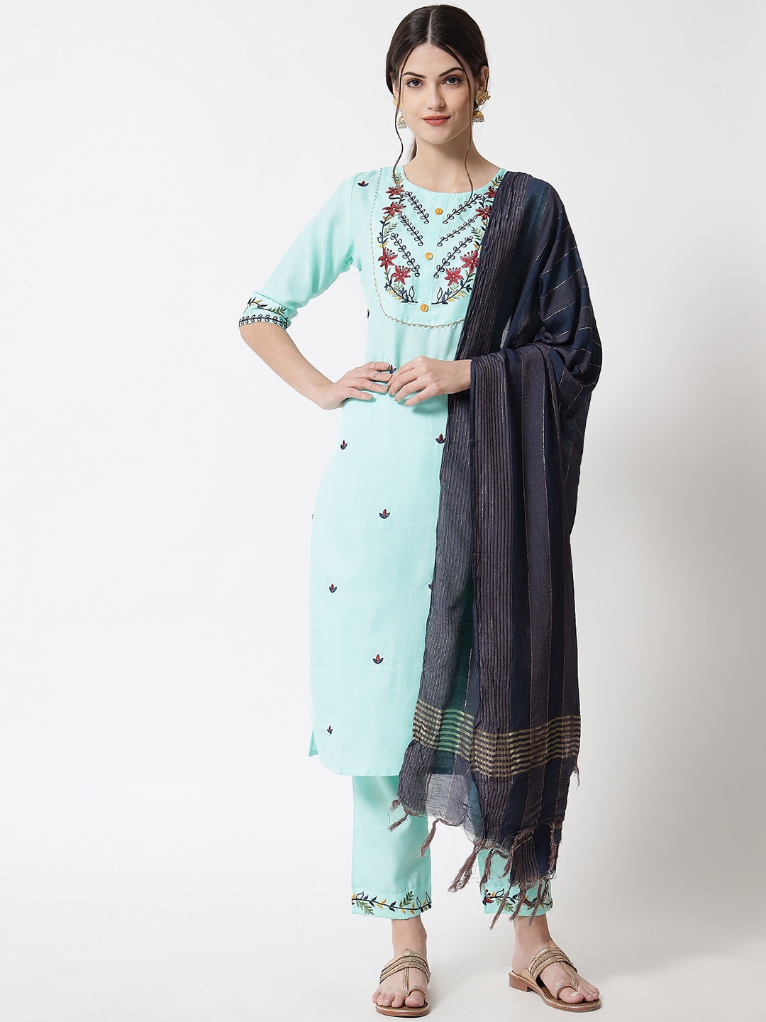 

VredeVogel Women Turquoise Blue Floral Embroidered Kurta with Trousers & With Dupatta