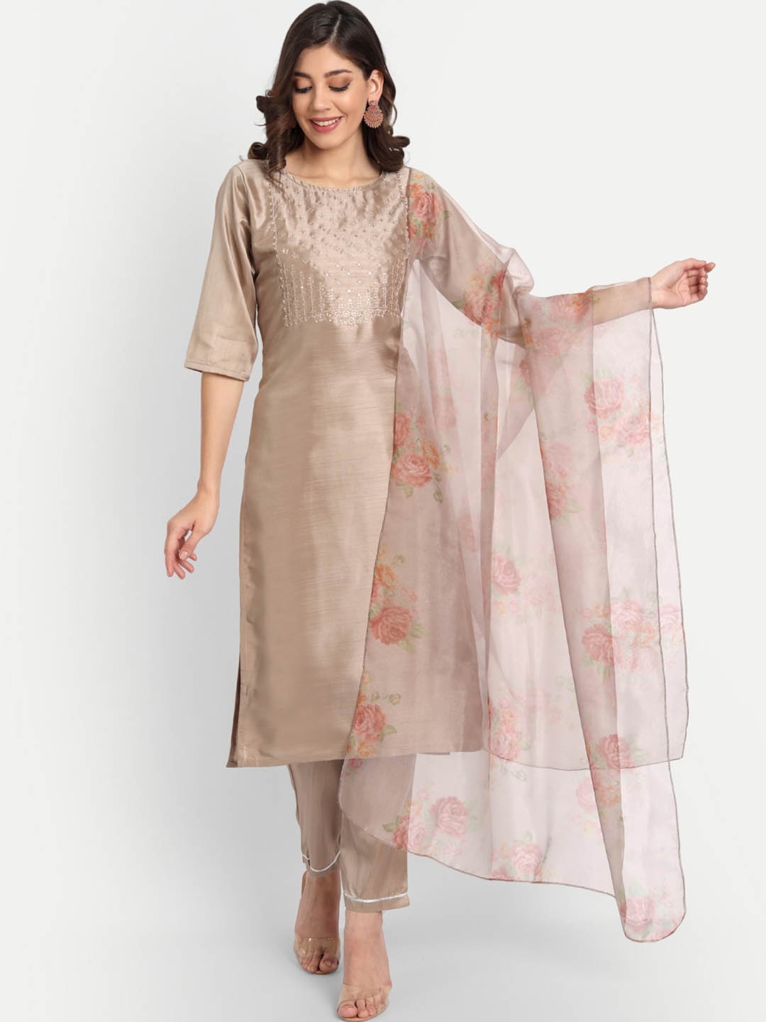 

VredeVogel Women Beige Yoke Design Kurta with Trousers & With Dupatta