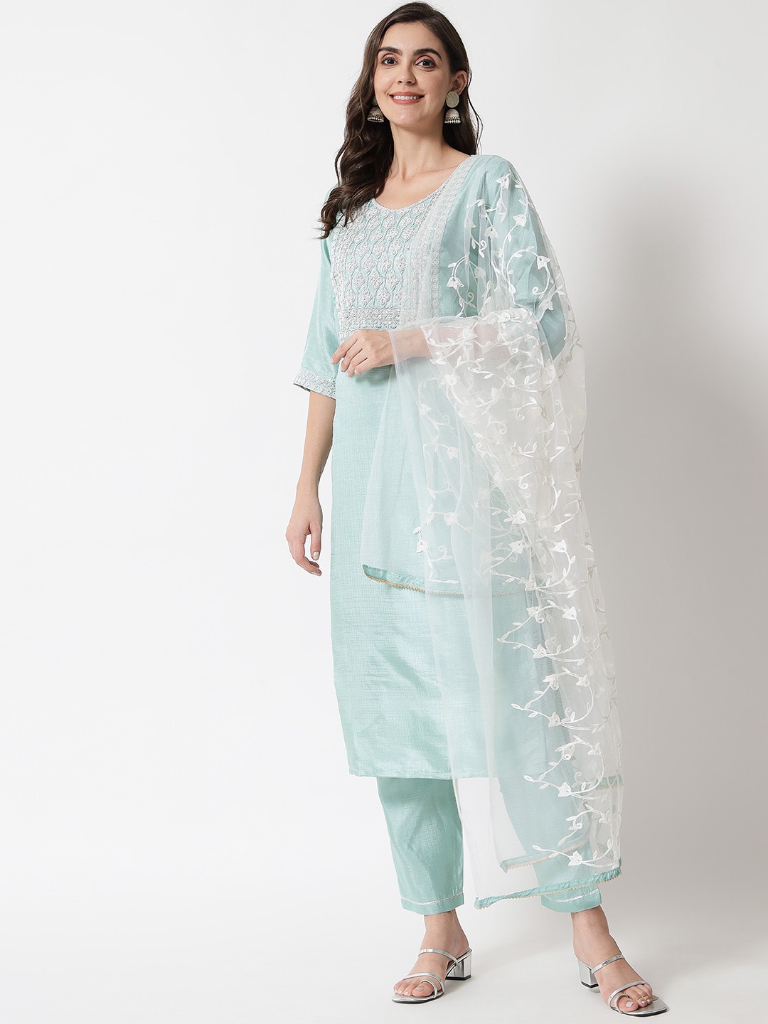 

VredeVogel Women Green Floral Yoke Design Kurta with Trousers & With Dupatta