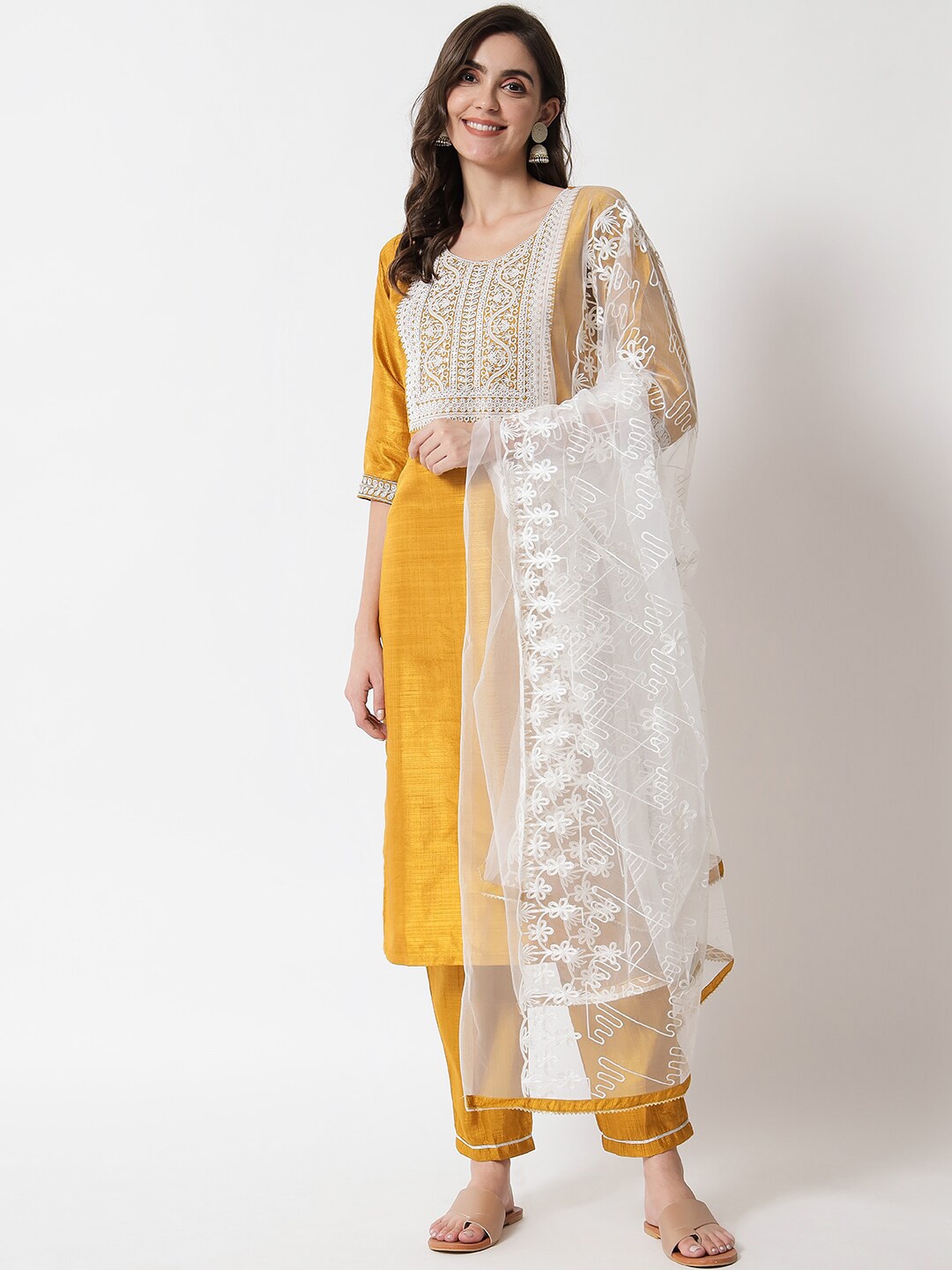 

VredeVogel Women Mustard Yellow Ethnic Motifs Yoke Design Kurta with Trousers & With Dupatta