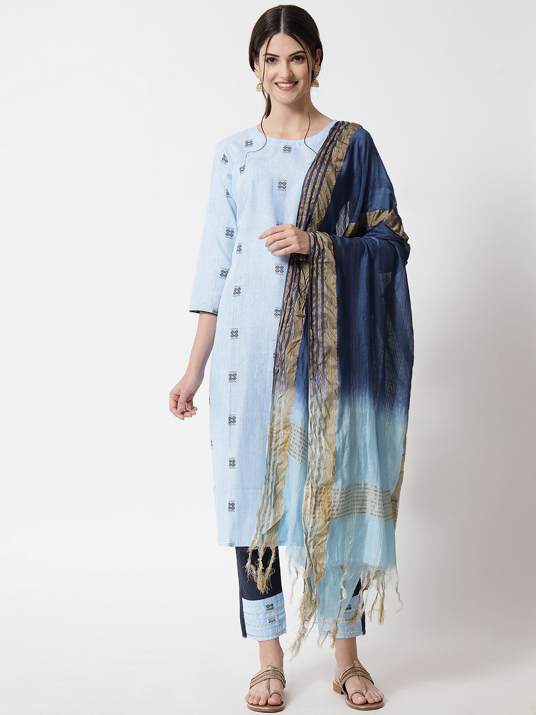 

VredeVogel Women Blue Embroidered Panelled Pure Cotton Kurta with Trousers & With Dupatta