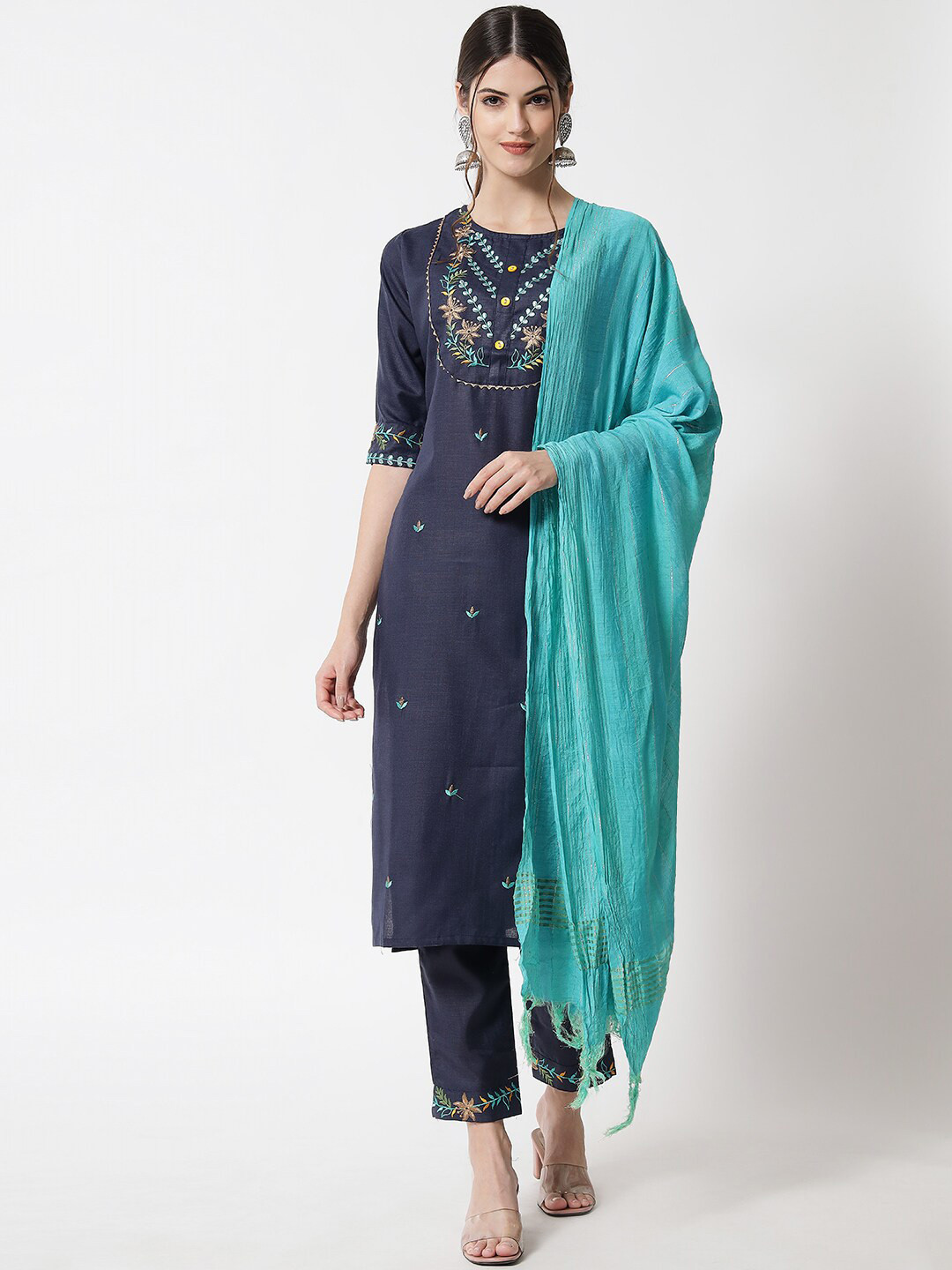 

VredeVogel Women Navy Blue Ethnic Motifs Yoke Design Pure Cotton Kurta with Trousers & With Dupatta
