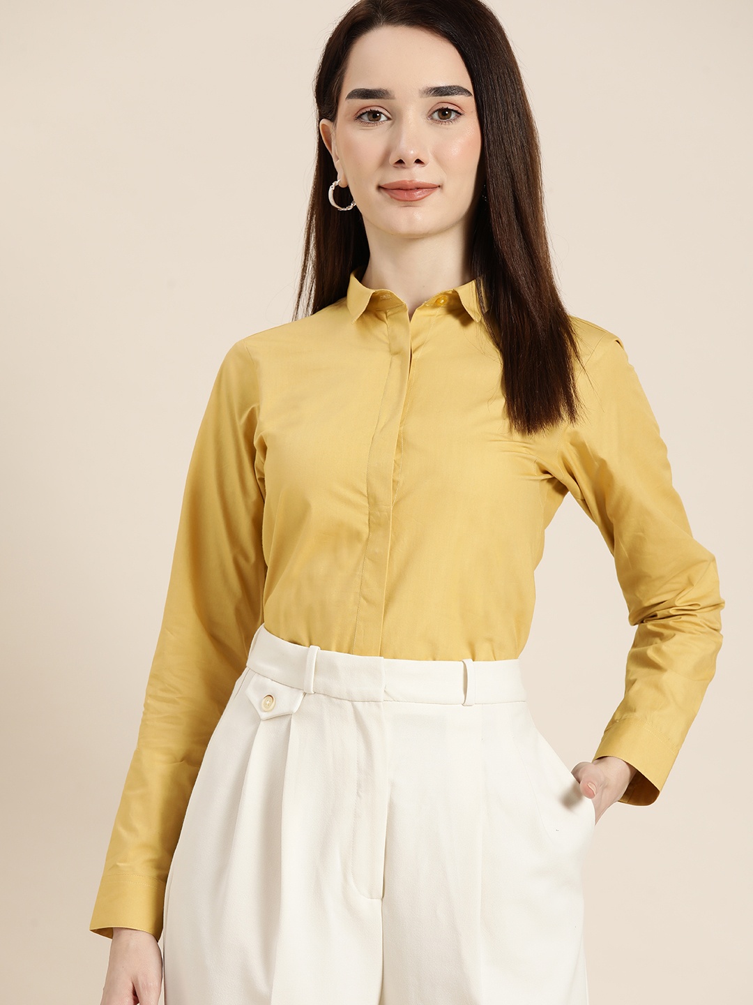 

Hancock Women Mustard Yellow Solid Standard Pure Cotton Slim Fit Formal Shirt