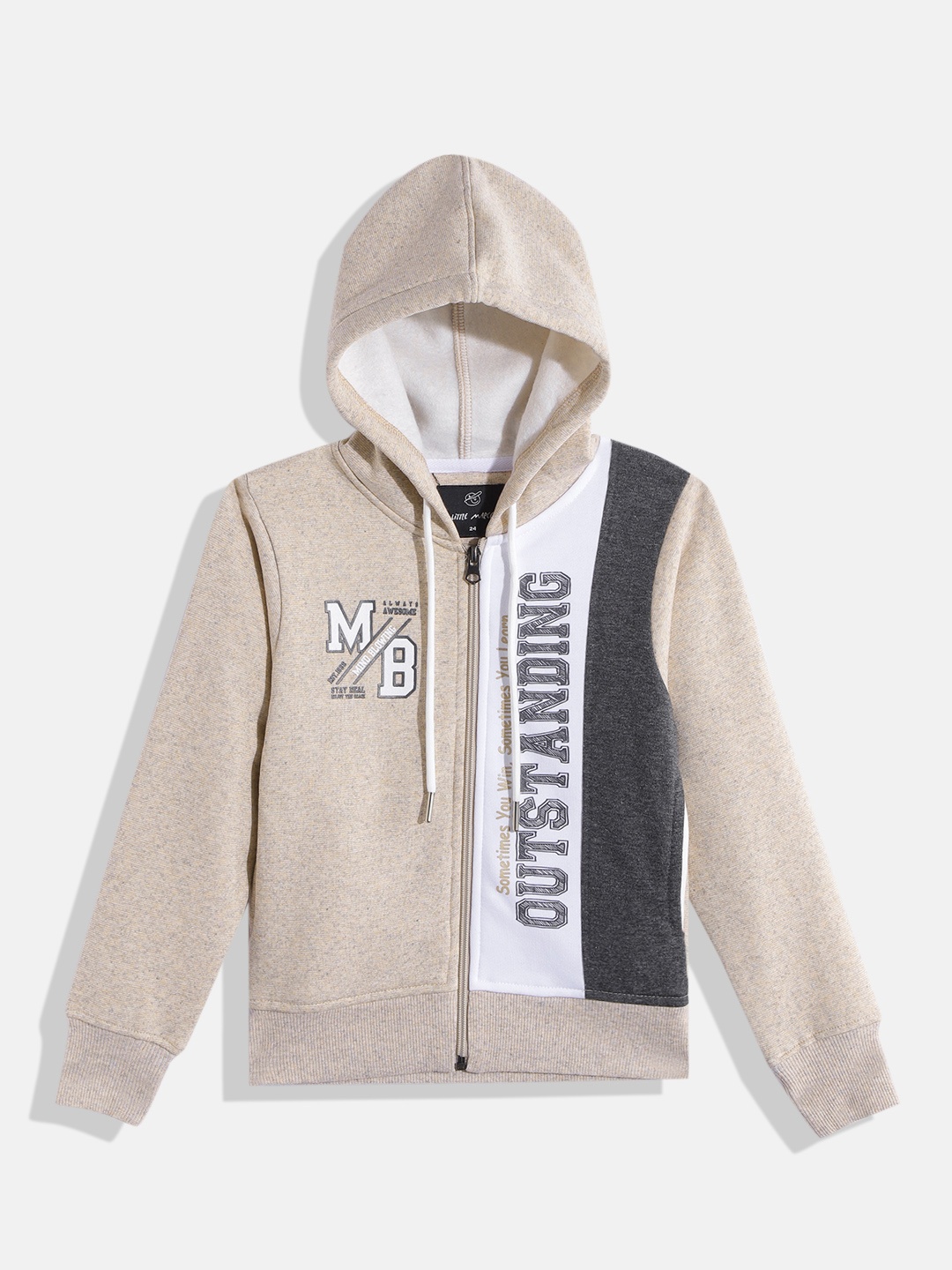 

Little Marco Boys Beige & White Colourblocked Hooded Sweatshirt with Typography Print