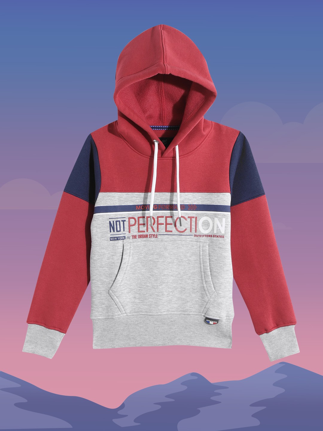 

Little Marco Boys Grey Melange & Maroon Colourblocked & Typography Print Hood Sweatshirt