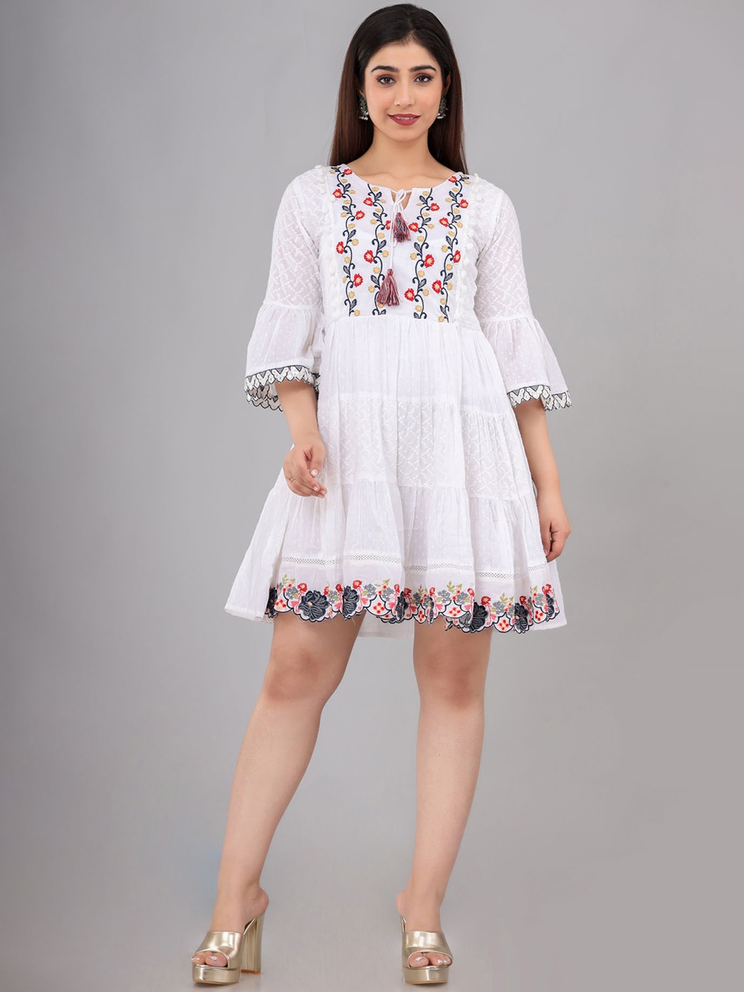 

FASHION DWAR White & Blue Floral Embroidered Dress