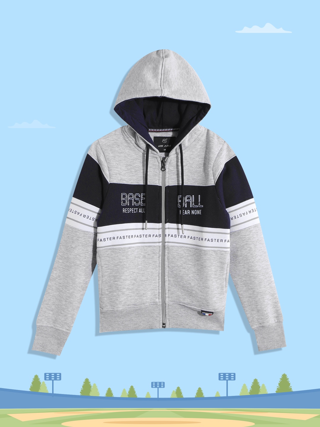 

Little Marco Boys Grey Melange & Navy Blue Colourblock & Typography Print Hood Sweatshirt