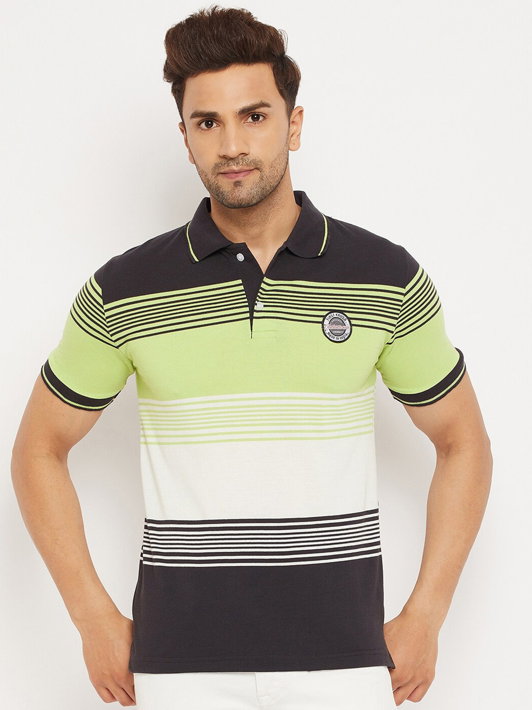 

FirstKrush Men Green and Black Striped Polo Collar T-shirt